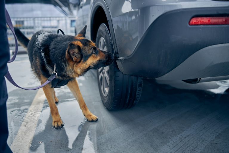 Drug detection dog sniffing car at airport